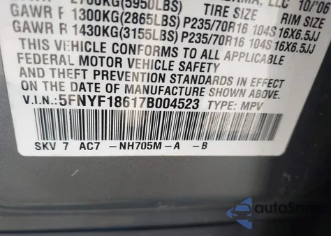 2007 Honda Pilot Ex-L из США, поврежденный, VIN 5FNYF18617B004523